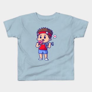 Cute Boy Lifting Barbell And Eating Doughnut Cartoon Kids T-Shirt